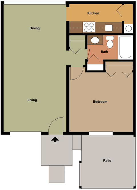 Floor plan for 1 bed, 1 bath, 576 sqft